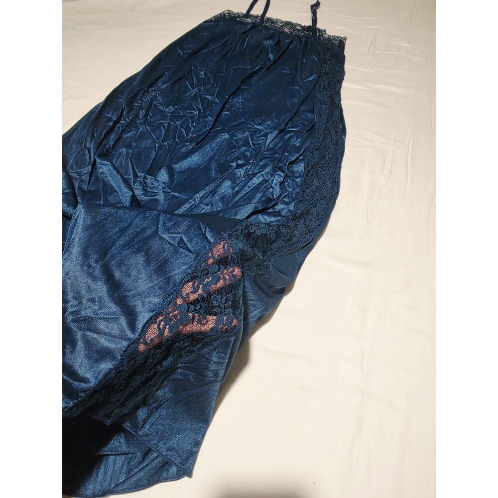 Navy Blue Lace Trim Sz L Vtg Slip Nightgown Maxi Y2K Sleep Dress Babydoll 90's - Picture 4 of 10